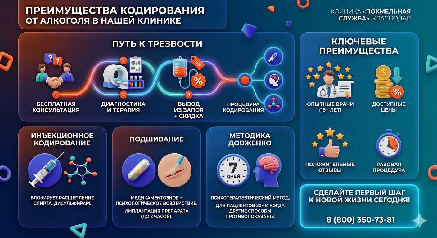 Инфографика о методах кодирования от алкоголя в Михайловске: инъекции, подшивание, метод Довженко. Преимущества клиники и этапы лечения.