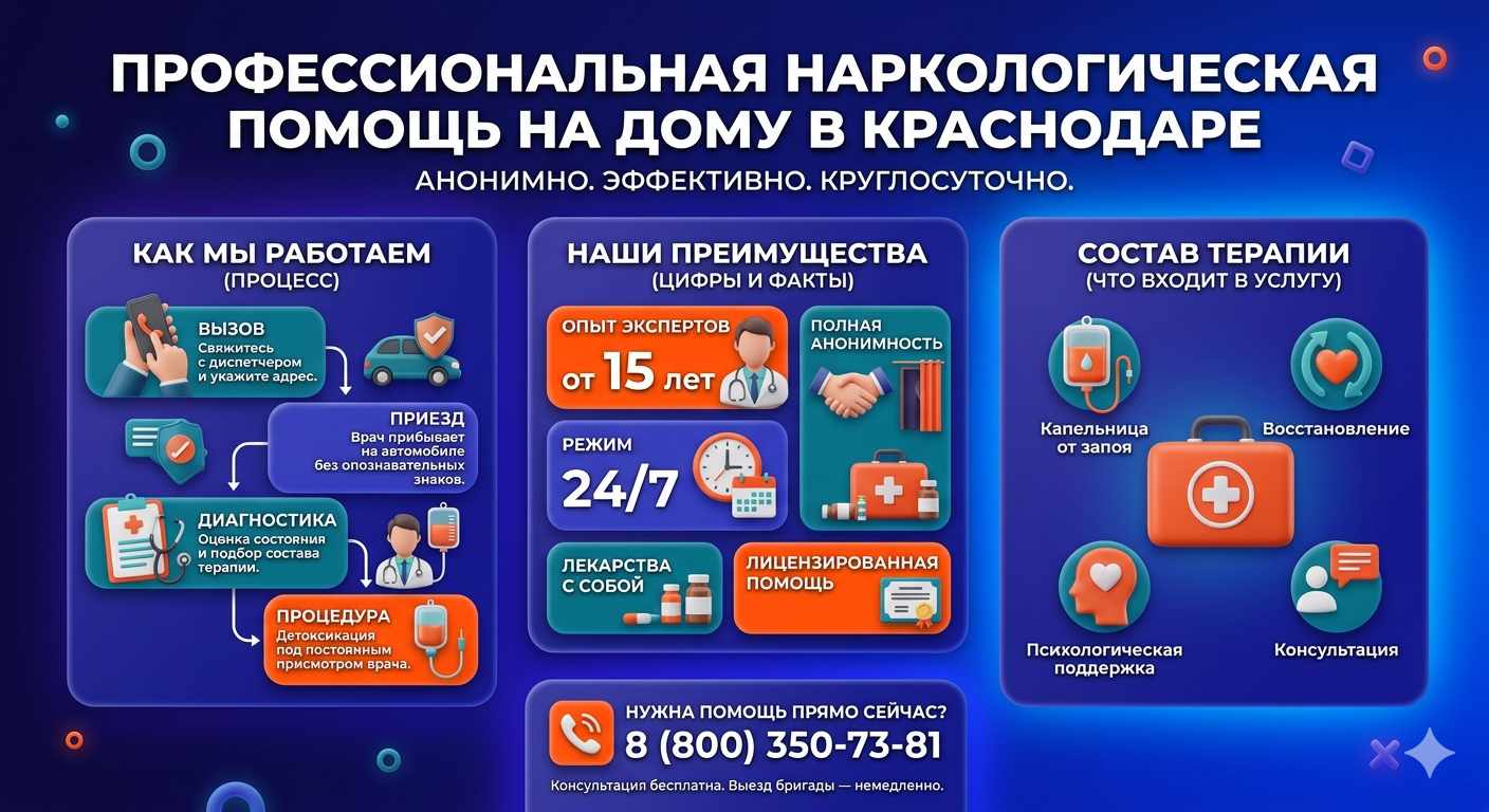 Инфографика о принципах лечения алкоголизма на дому в Михайловске: этапы вызова нарколога, преимущества анонимной детоксикации и состав медицинской помощи.